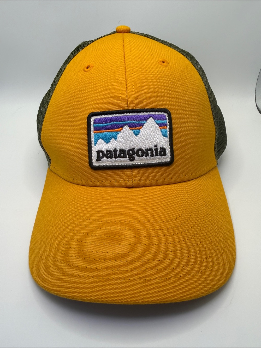 Patagonia P-6 Logo Trucker Hat in Yellow and Olive Green